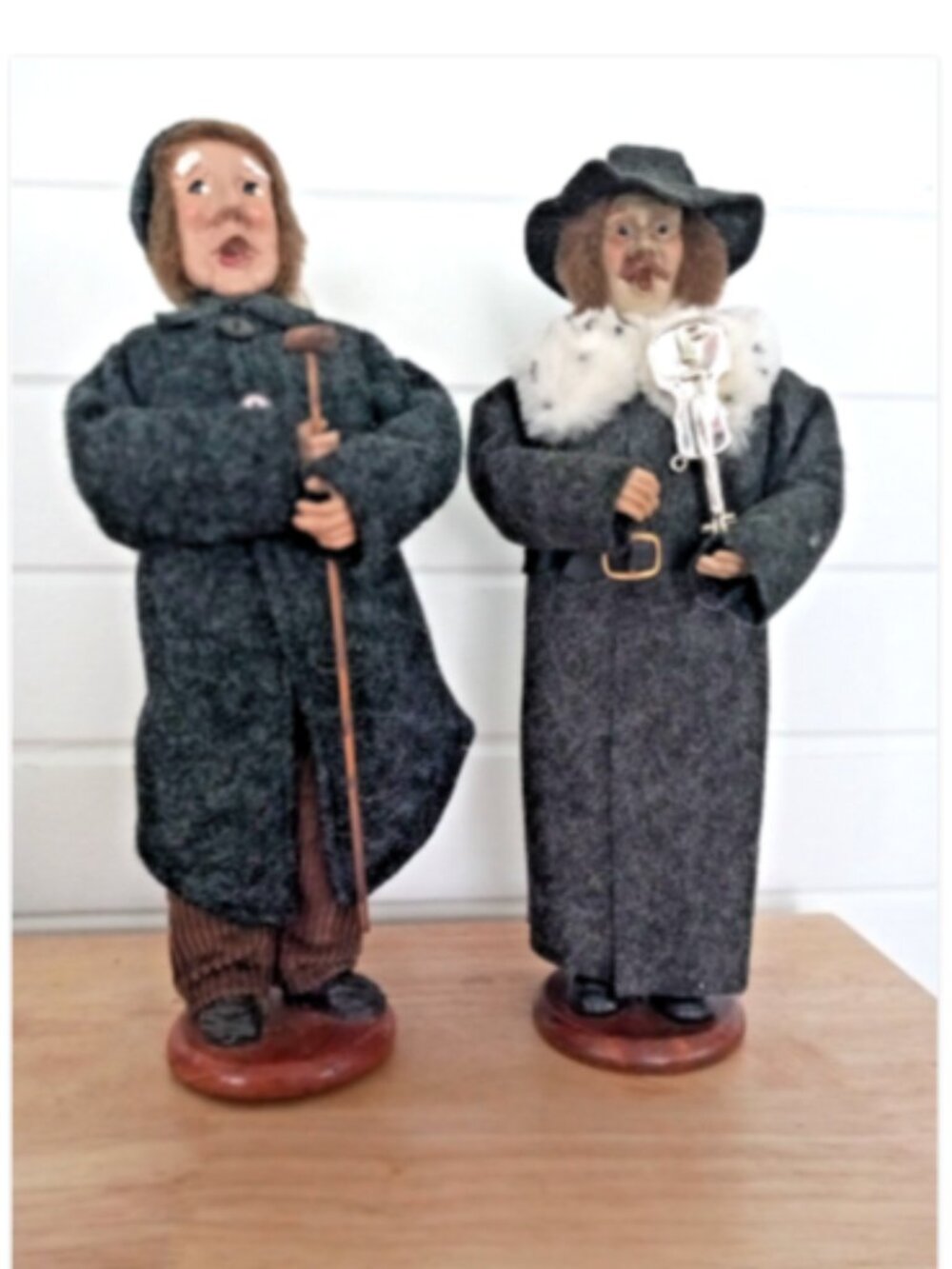 Vintage Victorian Gentleman Carolers Matching Pair Cloth Figures 13" Wood Bases